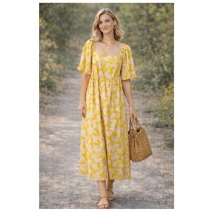 Eloquii floral‎ midi dress Size 22 yellow prairie cottagecore coquette modest